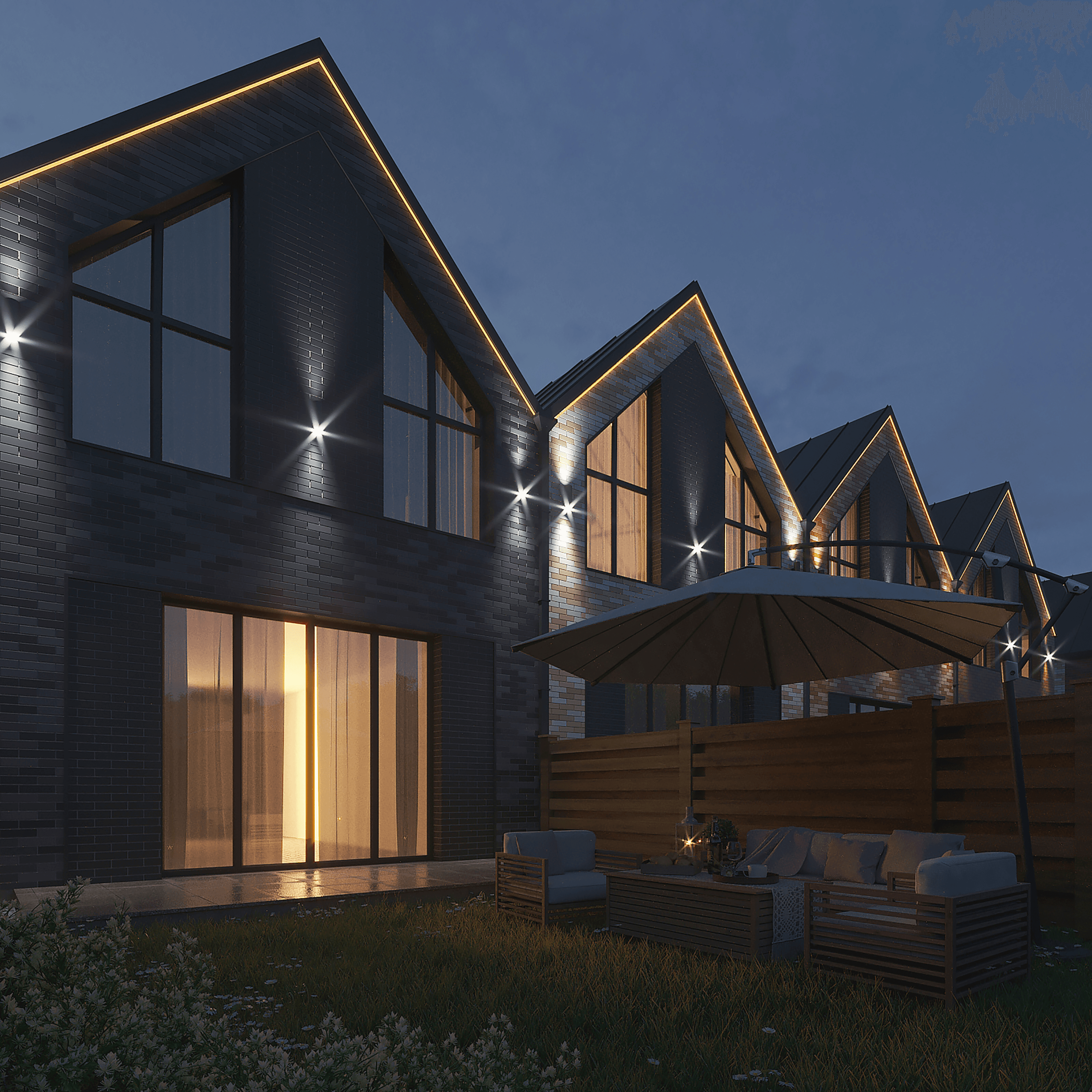 Lagom House townhouse at night
